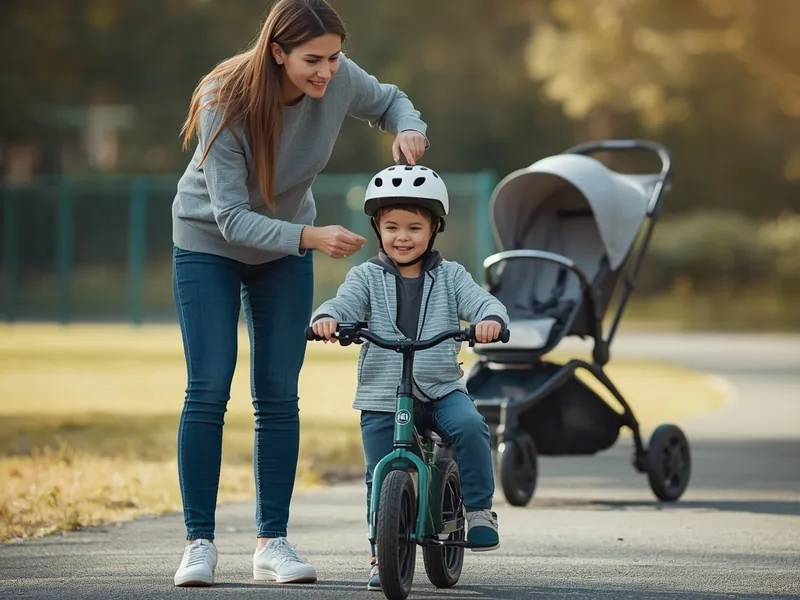 Mutter hilft Kind mit Helm auf dem Laufrad, daneben ein Kinderwagen