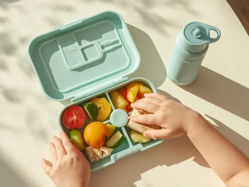 Kinderhände an einer geöffneten Brotdose mit Obst und Brot, daneben eine Trinkflasche