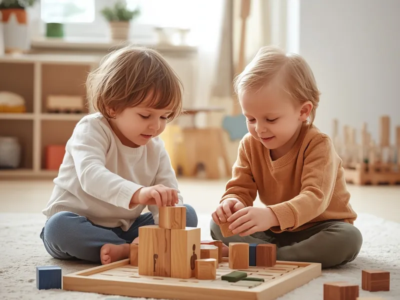 Zwei Kleinkinder spielen auf dem Teppich mit Holzbausteinen