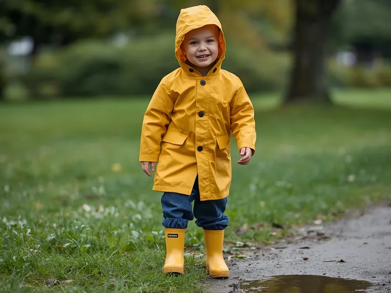Kind in gelber Regenjacke und Gummistiefeln auf einer nassen Wiese